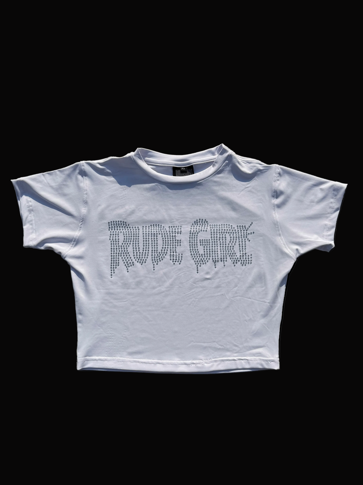 White w/ Silver Rhinestone Rude Girl Tight Crop Top
