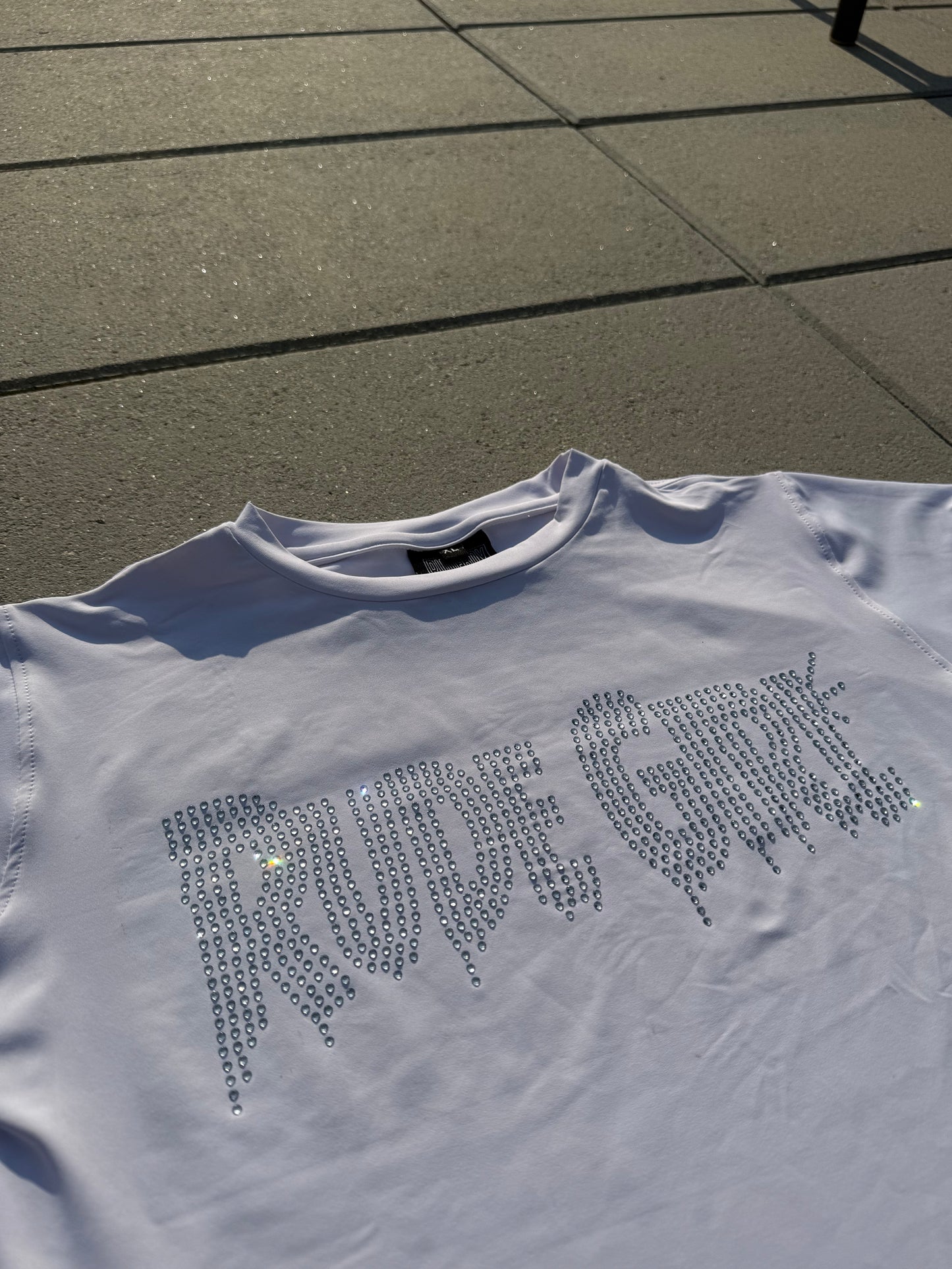 White w/ Silver Rhinestone Rude Girl Tight Crop Top