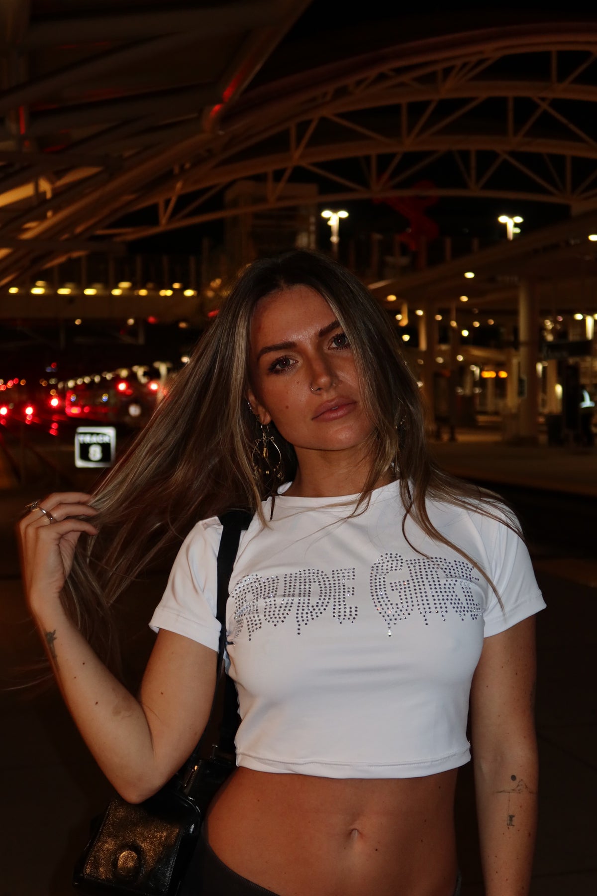 White w/ Silver Rhinestone Rude Girl Tight Crop Top