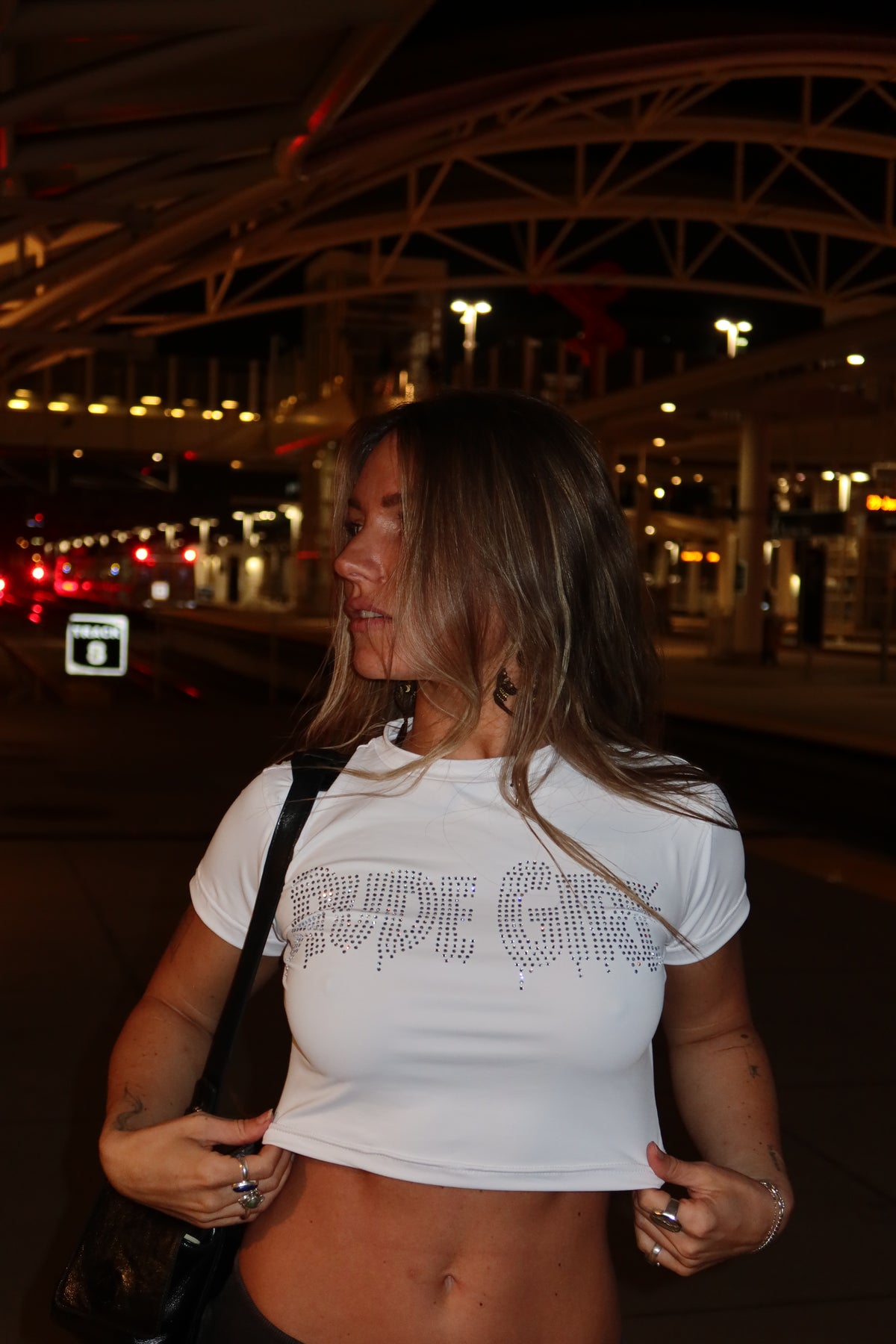 Black w/ Silver Rhinestone Rude Girl Tight Crop Top