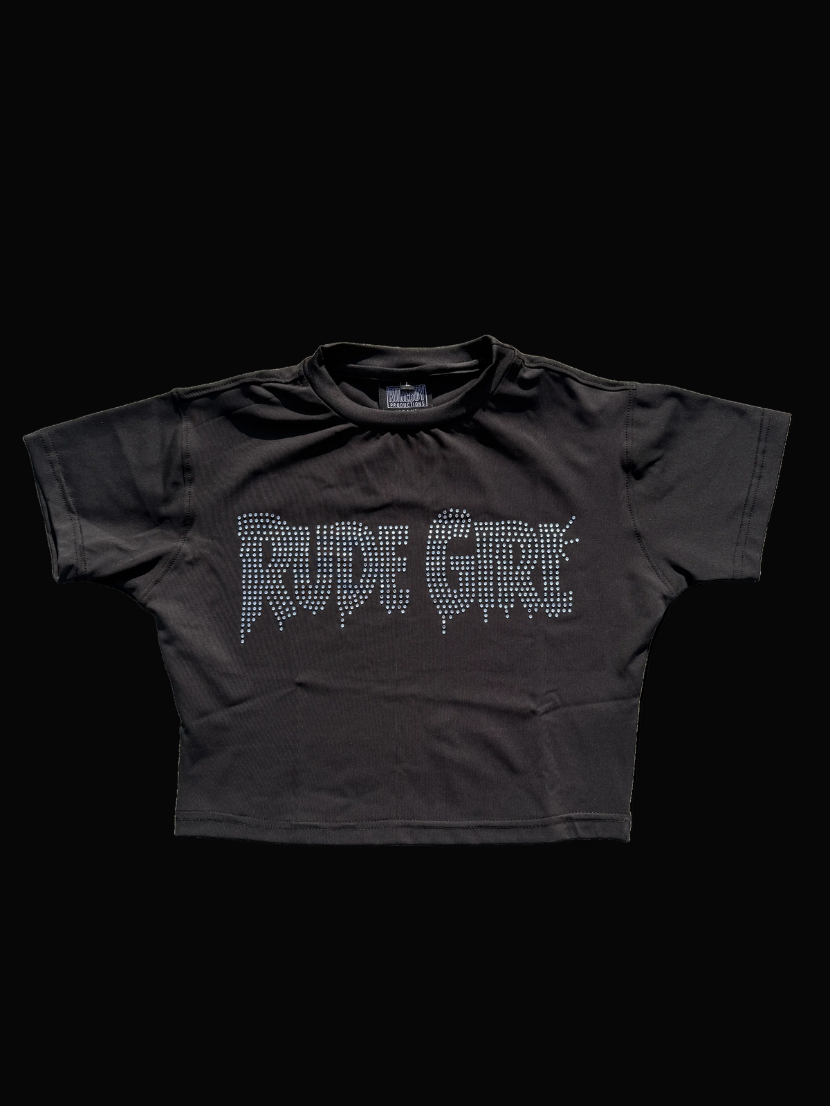 Black w/ Silver Rhinestone Rude Girl Tight Crop Top