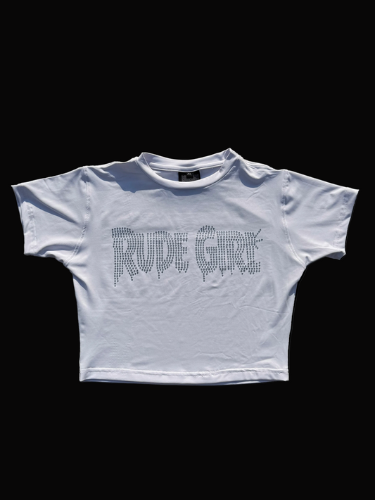 White w/ Silver Rhinestone Rude Girl Tight Crop Top