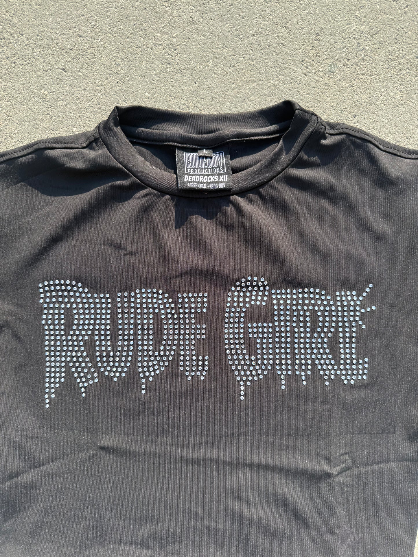Black w/ Silver Rhinestone Rude Girl Tight Crop Top