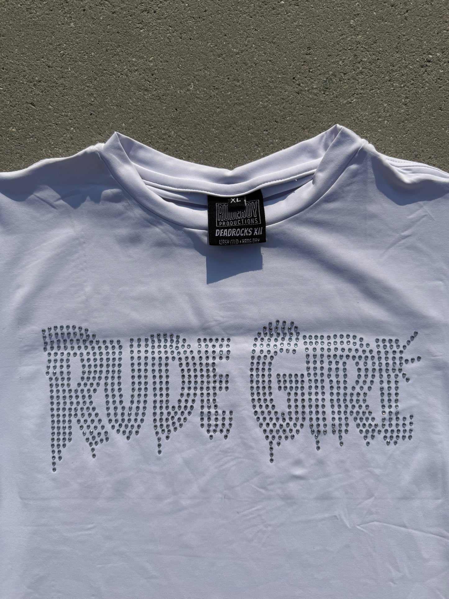 White w/ Silver Rhinestone Rude Girl Tight Crop Top