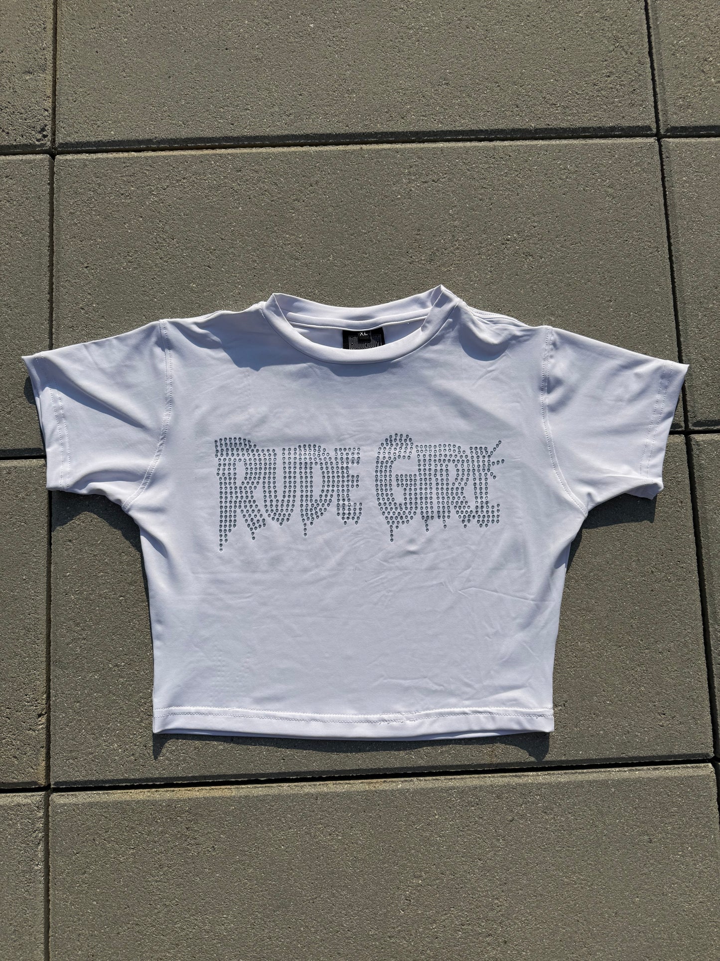White w/ Silver Rhinestone Rude Girl Tight Crop Top